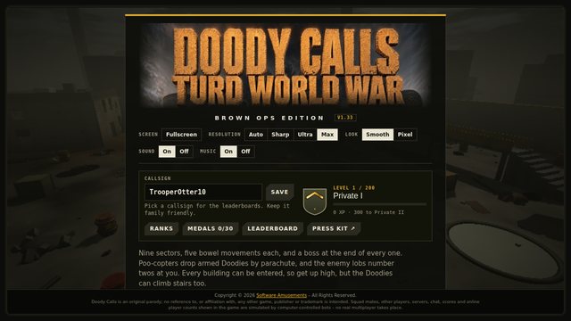 The title screen with the Doody Calls logo, options and career panel